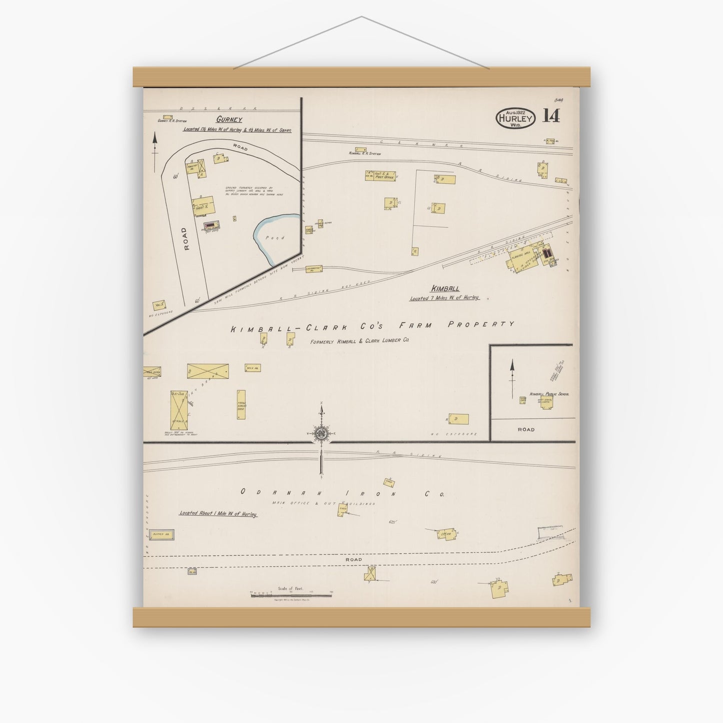 Old map wall art mockup — magnetic wood frame on white wall — Sanborn Fire Insurance Map from Hurley, Iron County, Wisconsin (1922), Sheet #0014