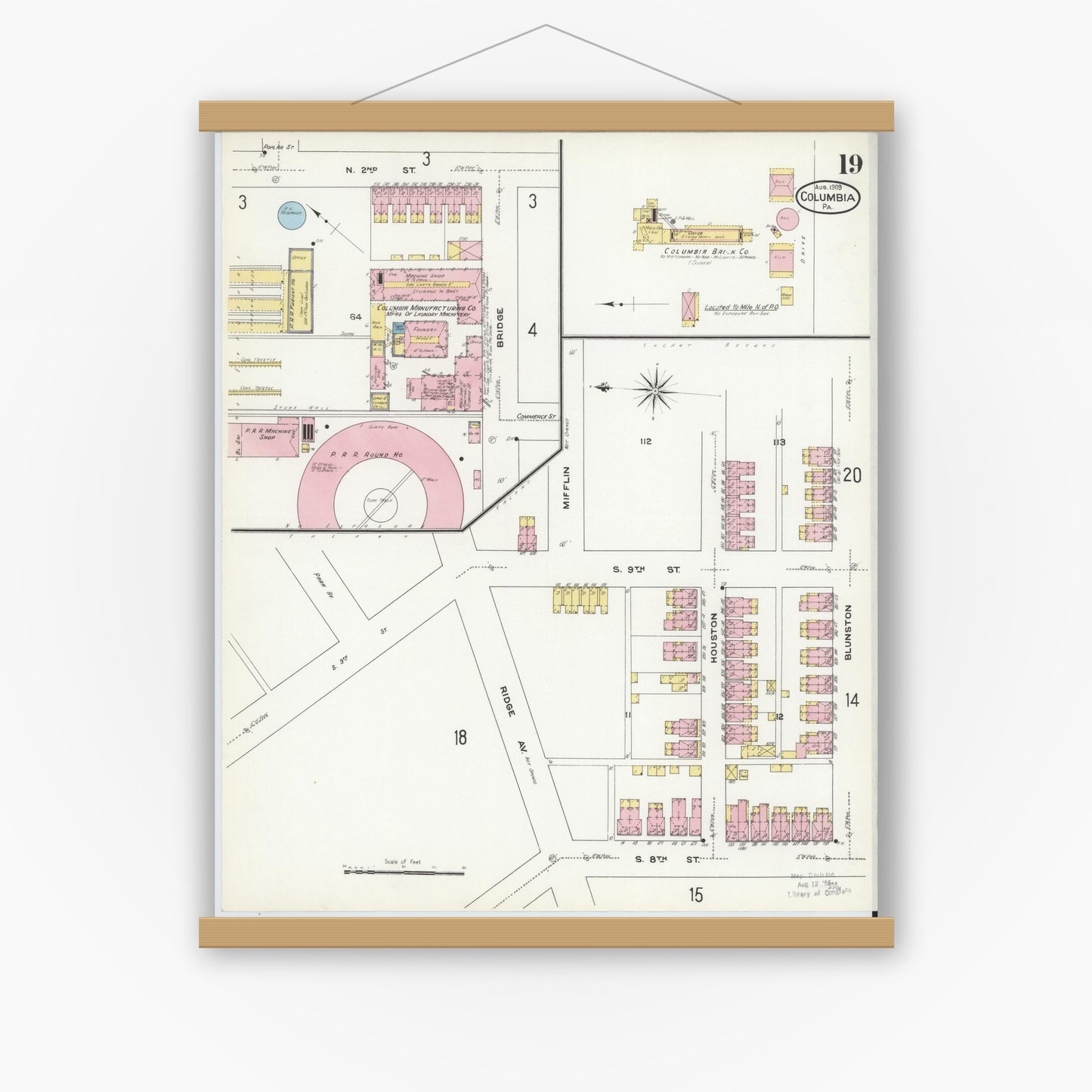 Old map wall art mockup — magnetic wood frame on white wall — Sanborn Fire Insurance Map from Columbia, Lancaster County, Pennsylvania (1909), Sheet #0019