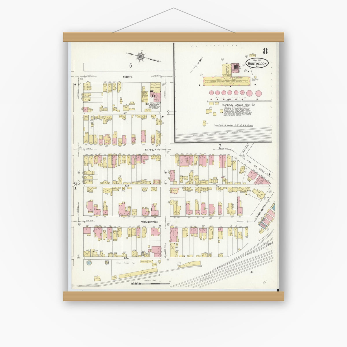 Old map wall art mockup — magnetic wood frame on white wall — Sanborn Fire Insurance Map from Huntingdon, Huntingdon County, Pennsylvania (1911), Sheet #0008