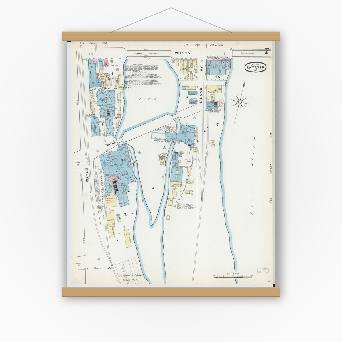 Old map wall art mockup — magnetic wood frame on white wall — Sanborn Fire Insurance Map from Batavia, Kane County, Illinois (1891), Sheet #0007
