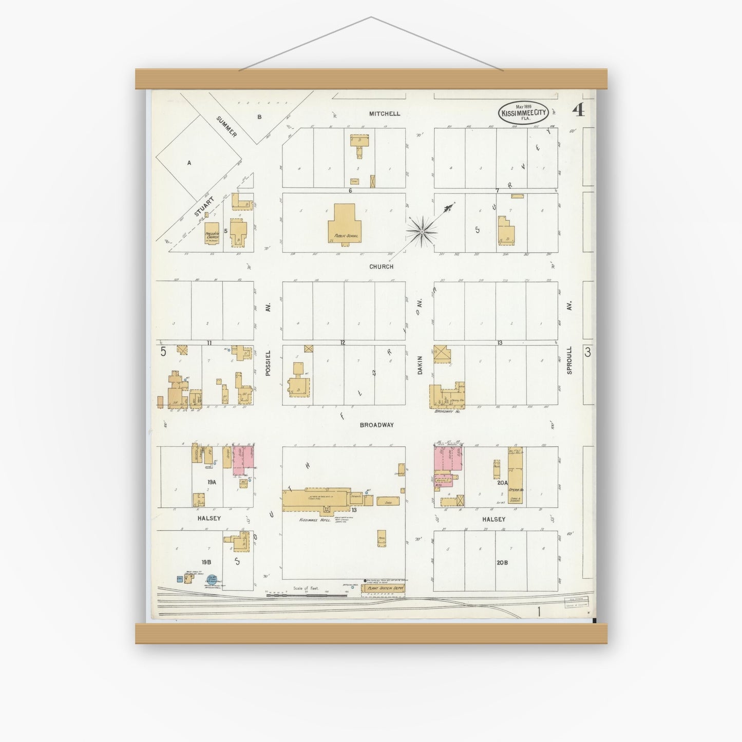 Old map wall art mockup — magnetic wood frame on white wall — Sanborn Fire Insurance Map from Kissimmee, Osceola County, Florida (1899), Sheet #0004