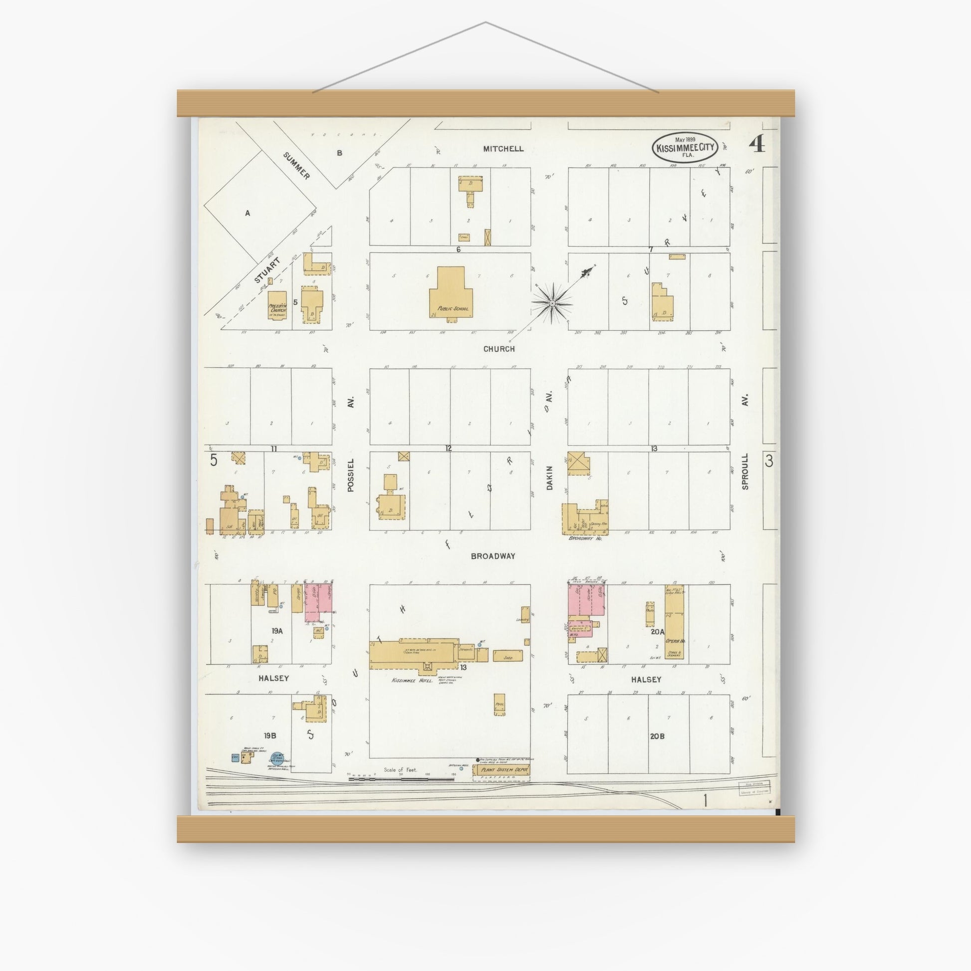 Old map wall art mockup — magnetic wood frame on white wall — Sanborn Fire Insurance Map from Kissimmee, Osceola County, Florida (1899), Sheet #0004