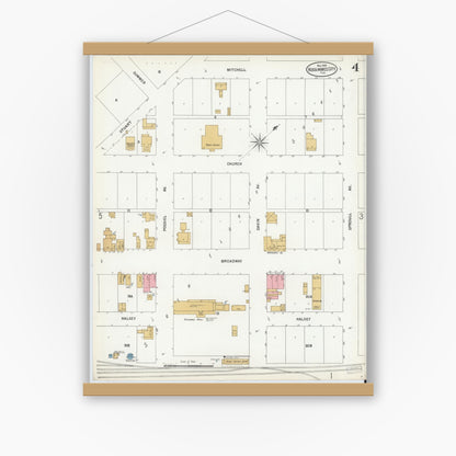Old map wall art mockup — magnetic wood frame on white wall — Sanborn Fire Insurance Map from Kissimmee, Osceola County, Florida (1899), Sheet #0004