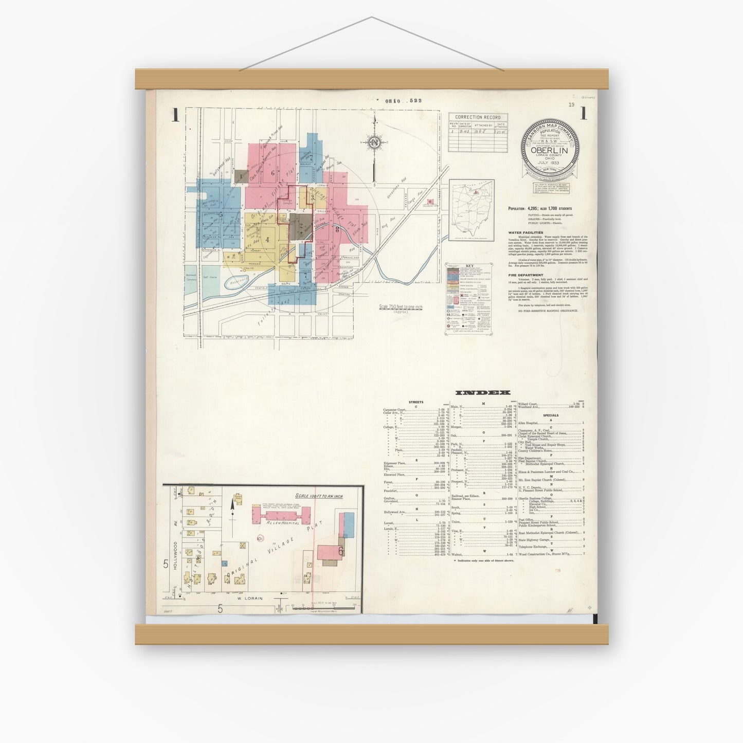Old map wall art mockup — magnetic wood frame on white wall — Sanborn Fire Insurance Map from Oberlin, Lorain County, Ohio (1942), Sheet #0001