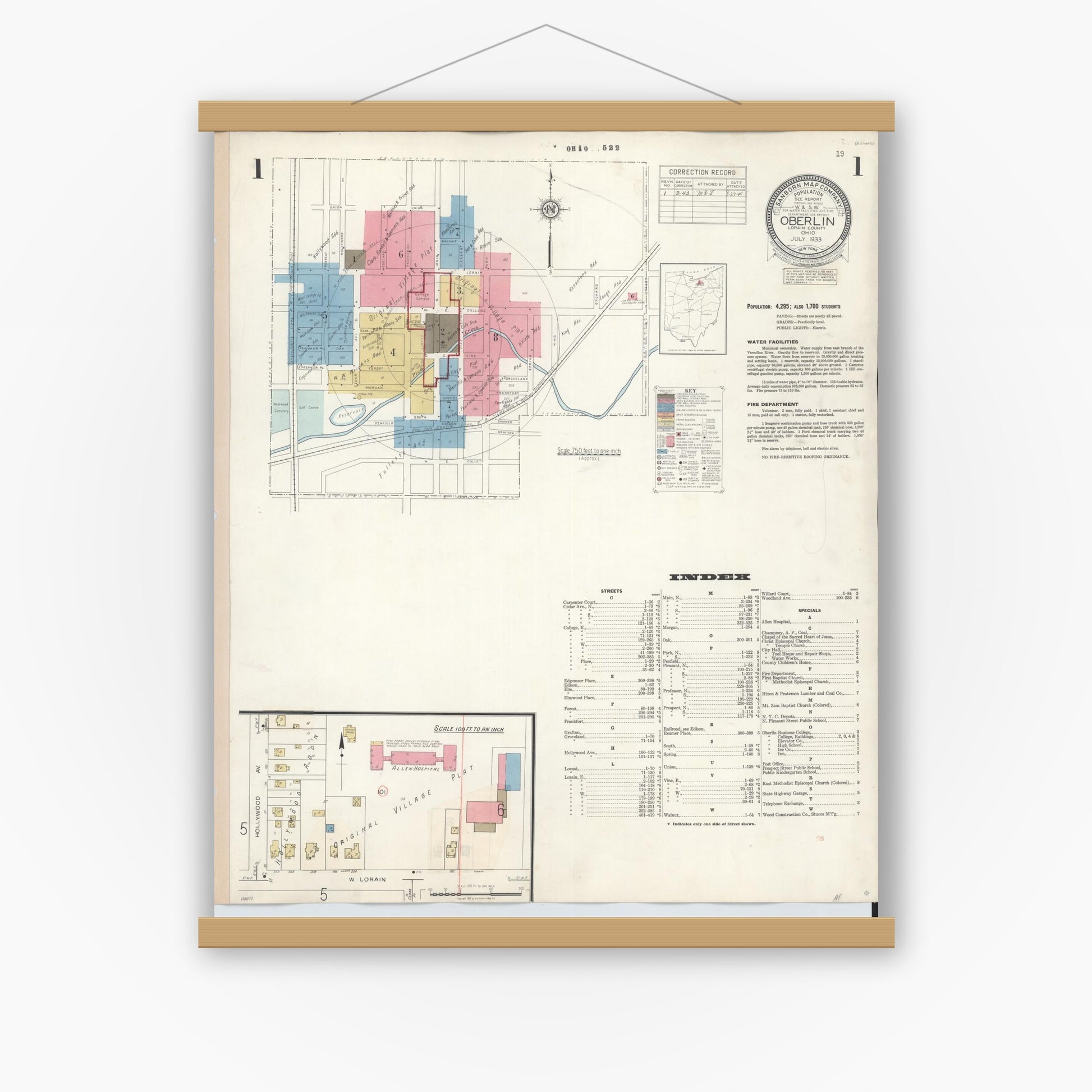 Old map wall art mockup — magnetic wood frame on white wall — Sanborn Fire Insurance Map from Oberlin, Lorain County, Ohio (1942), Sheet #0001