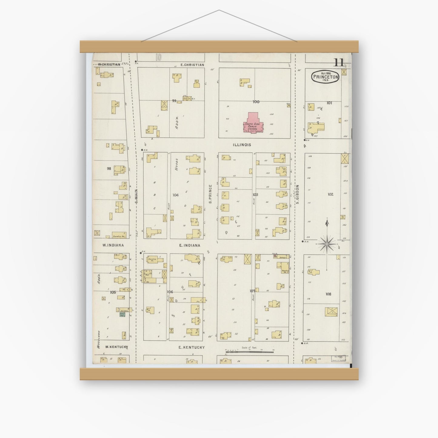 Old map wall art mockup — magnetic wood frame on white wall — Sanborn Fire Insurance Map from Princeton, Gibson County, Indiana (1895), Sheet #0011