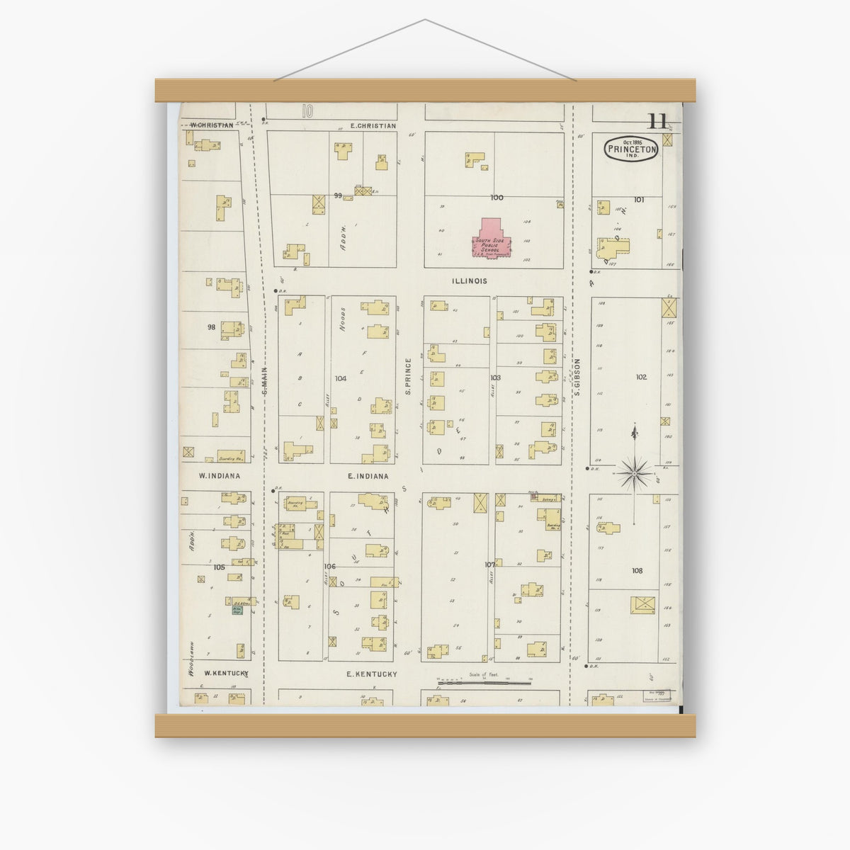 Old map wall art mockup — magnetic wood frame on white wall — Sanborn Fire Insurance Map from Princeton, Gibson County, Indiana (1895), Sheet #0011