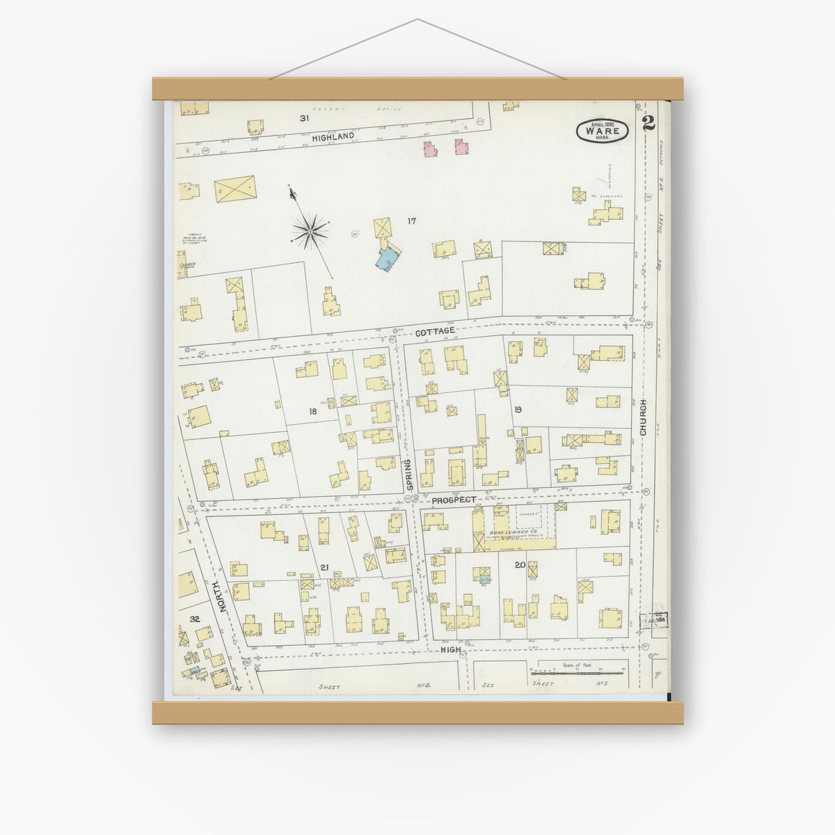 Old map wall art mockup — magnetic wood frame on white wall — Sanborn Fire Insurance Map from Ware, Hampshire County, Massachusetts (1892), Sheet #0002