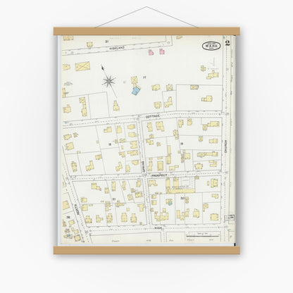 Old map wall art mockup — magnetic wood frame on white wall — Sanborn Fire Insurance Map from Ware, Hampshire County, Massachusetts (1892), Sheet #0002