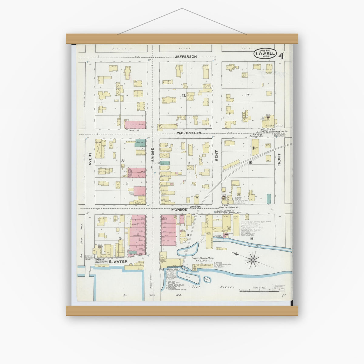 Old map wall art mockup — magnetic wood frame on white wall — Sanborn Fire Insurance Map from Lowell, Kent County, Michigan (1892), Sheet #0004