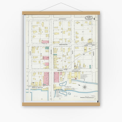 Old map wall art mockup — magnetic wood frame on white wall — Sanborn Fire Insurance Map from Lowell, Kent County, Michigan (1892), Sheet #0004