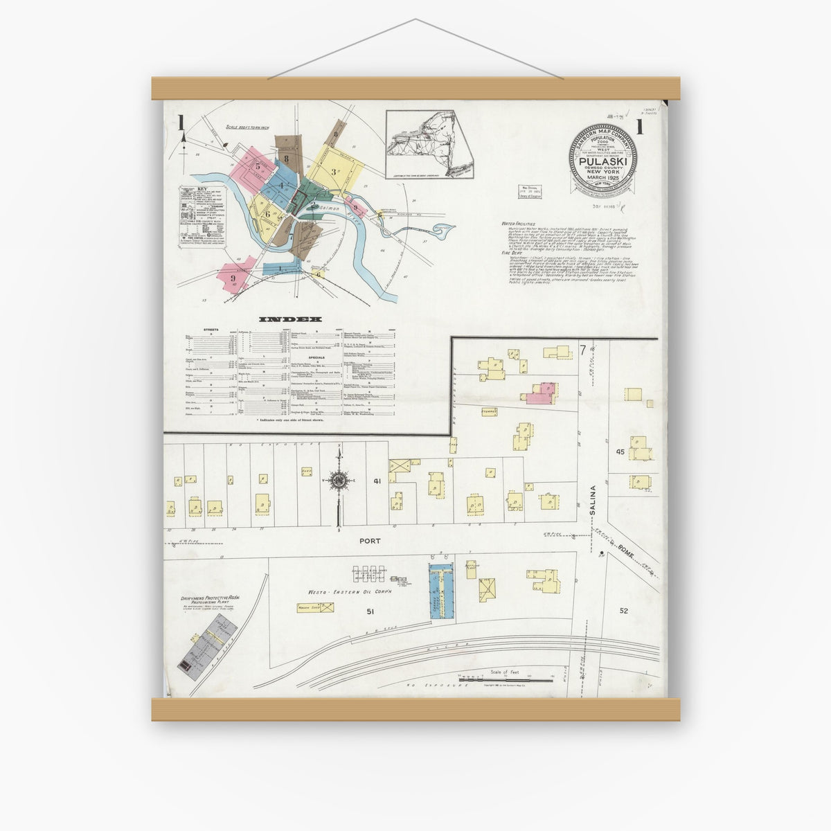 Old map wall art mockup — magnetic wood frame on white wall — Sanborn Fire Insurance Map from Pulaski, Oswego County, New York (1925), Sheet #0001