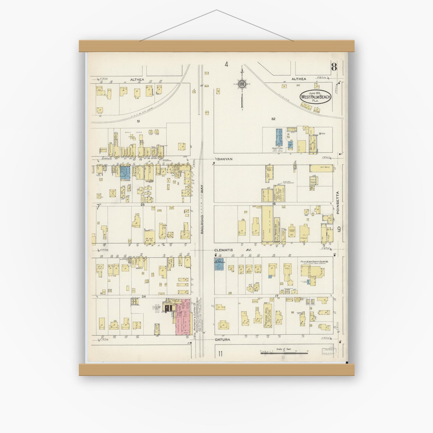 Old map wall art mockup — magnetic wood frame on white wall — Sanborn Fire Insurance Map from West Palm Beach, Dade County, Florida (1915), Sheet #0008