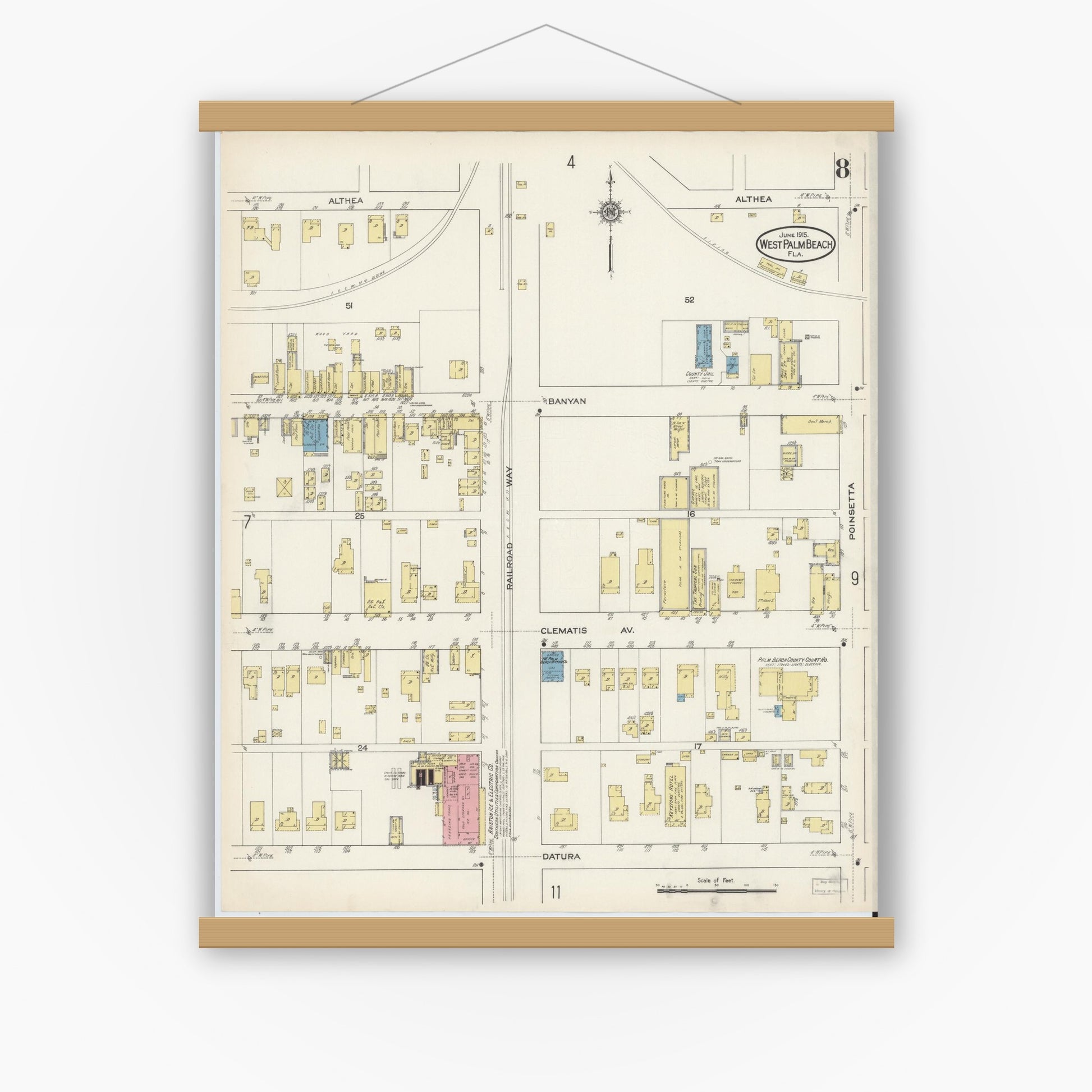 Old map wall art mockup — magnetic wood frame on white wall — Sanborn Fire Insurance Map from West Palm Beach, Dade County, Florida (1915), Sheet #0008