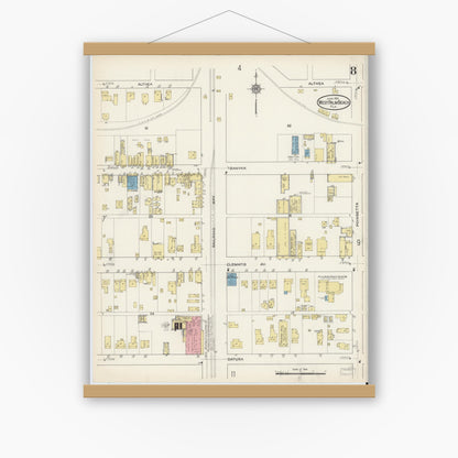 Old map wall art mockup — magnetic wood frame on white wall — Sanborn Fire Insurance Map from West Palm Beach, Dade County, Florida (1915), Sheet #0008