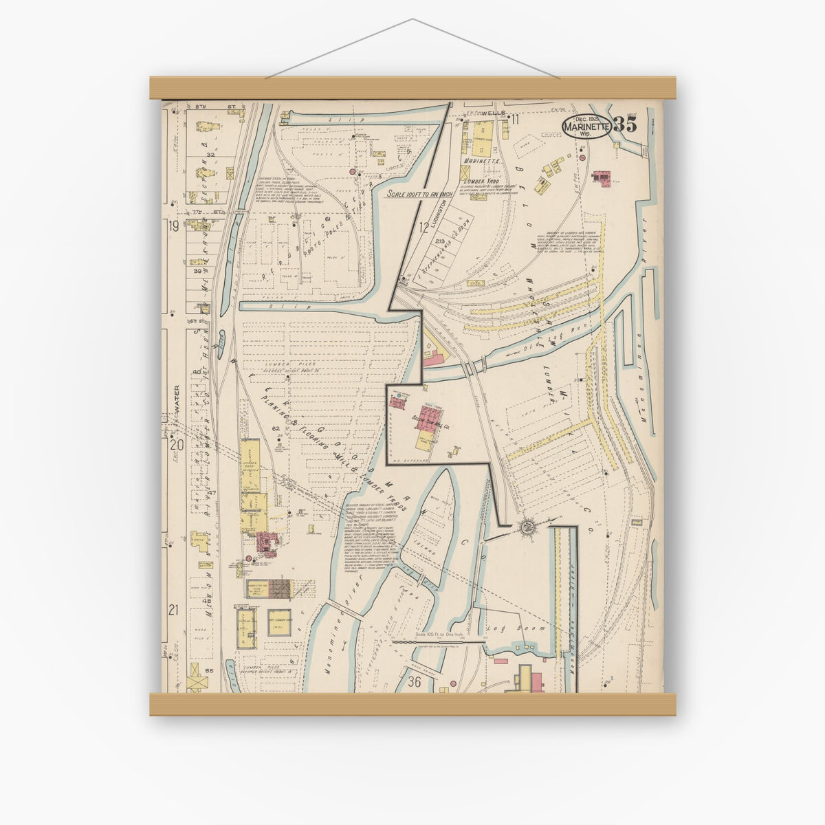 Old map wall art mockup — magnetic wood frame on white wall — Sanborn Fire Insurance Map from Marinette, Marinette County, Wisconsin (1921), Sheet #0035