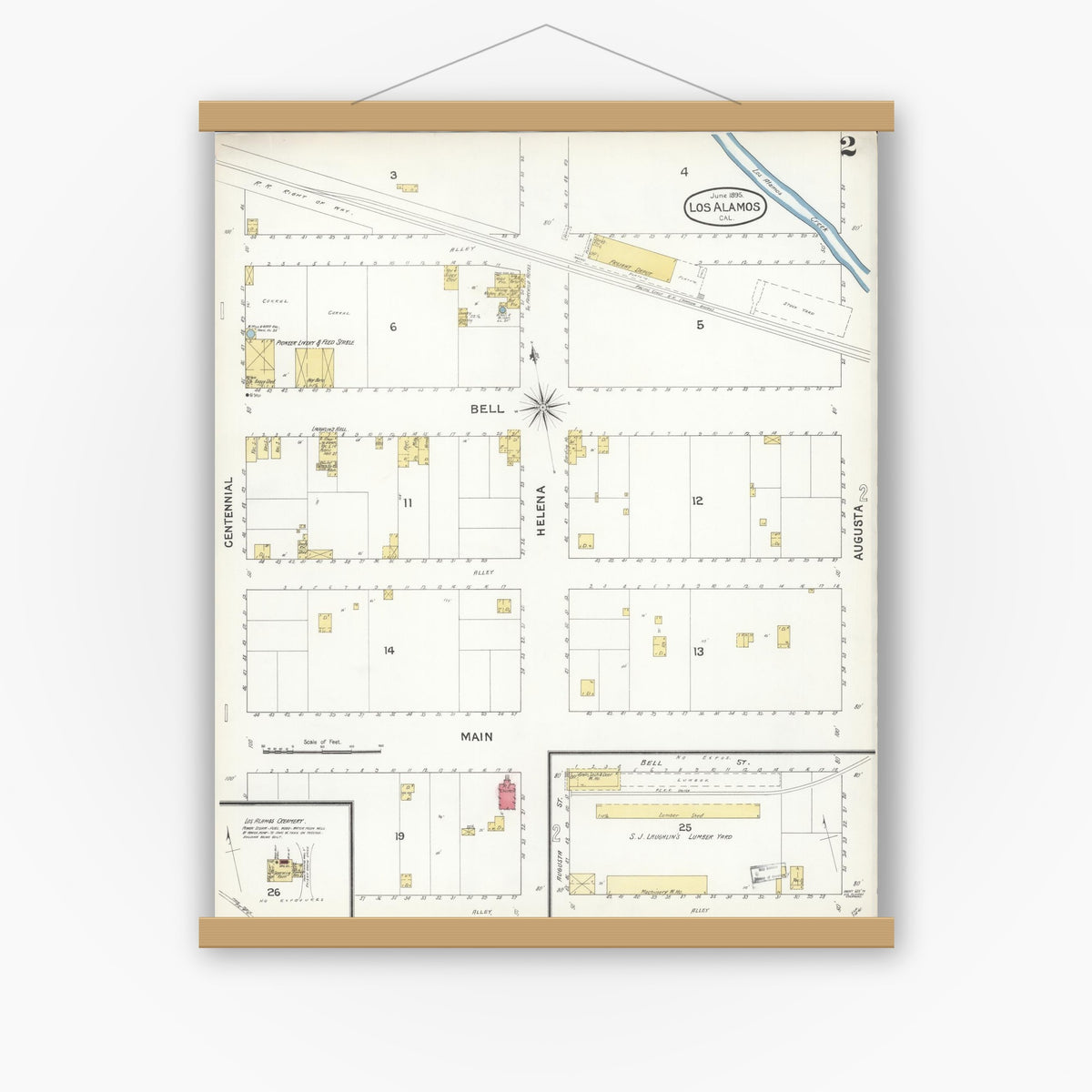 Old map wall art mockup — magnetic wood frame on white wall — Sanborn Fire Insurance Map from Los Alamos, Santa Barbara County, California (1895), Sheet #0002