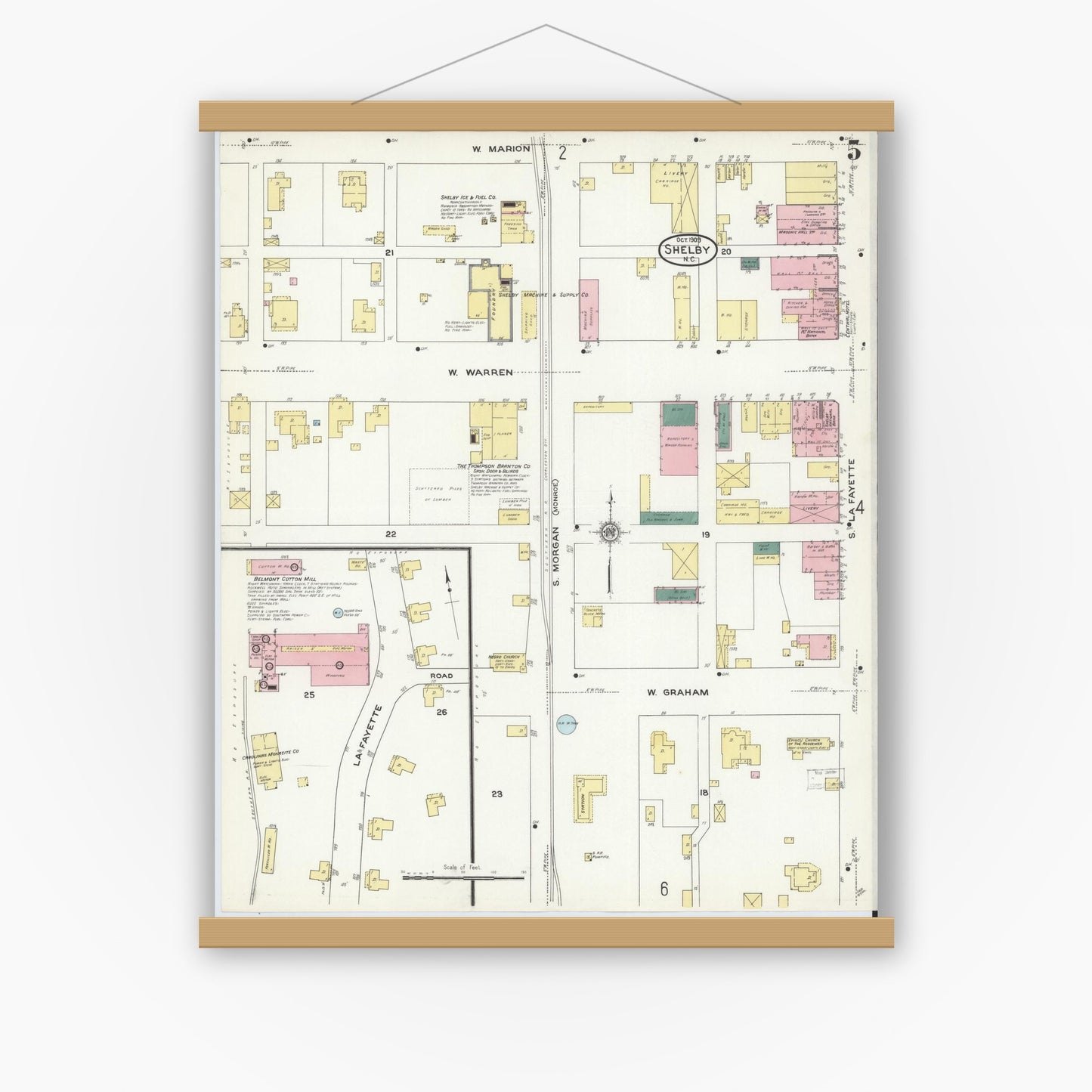 Old map wall art mockup — magnetic wood frame on white wall — Sanborn Fire Insurance Map from Shelby, Cleveland County, North Carolina (1909), Sheet #0005