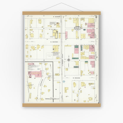 Old map wall art mockup — magnetic wood frame on white wall — Sanborn Fire Insurance Map from Shelby, Cleveland County, North Carolina (1909), Sheet #0005