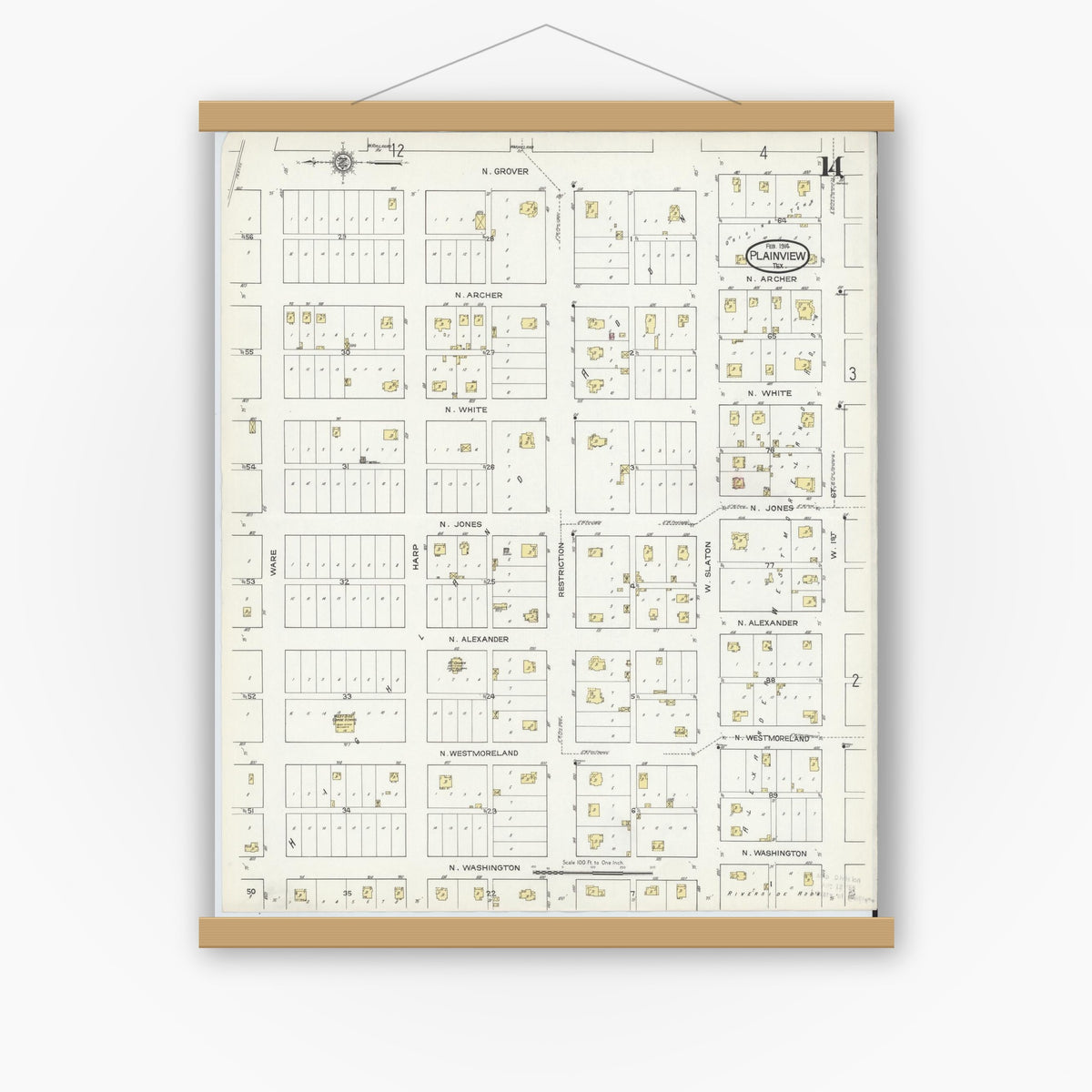 Old map wall art mockup — magnetic wood frame on white wall — Sanborn Fire Insurance Map from Plainview, Hale County, Texas (1914), Sheet #0014