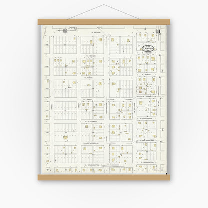 Old map wall art mockup — magnetic wood frame on white wall — Sanborn Fire Insurance Map from Plainview, Hale County, Texas (1914), Sheet #0014