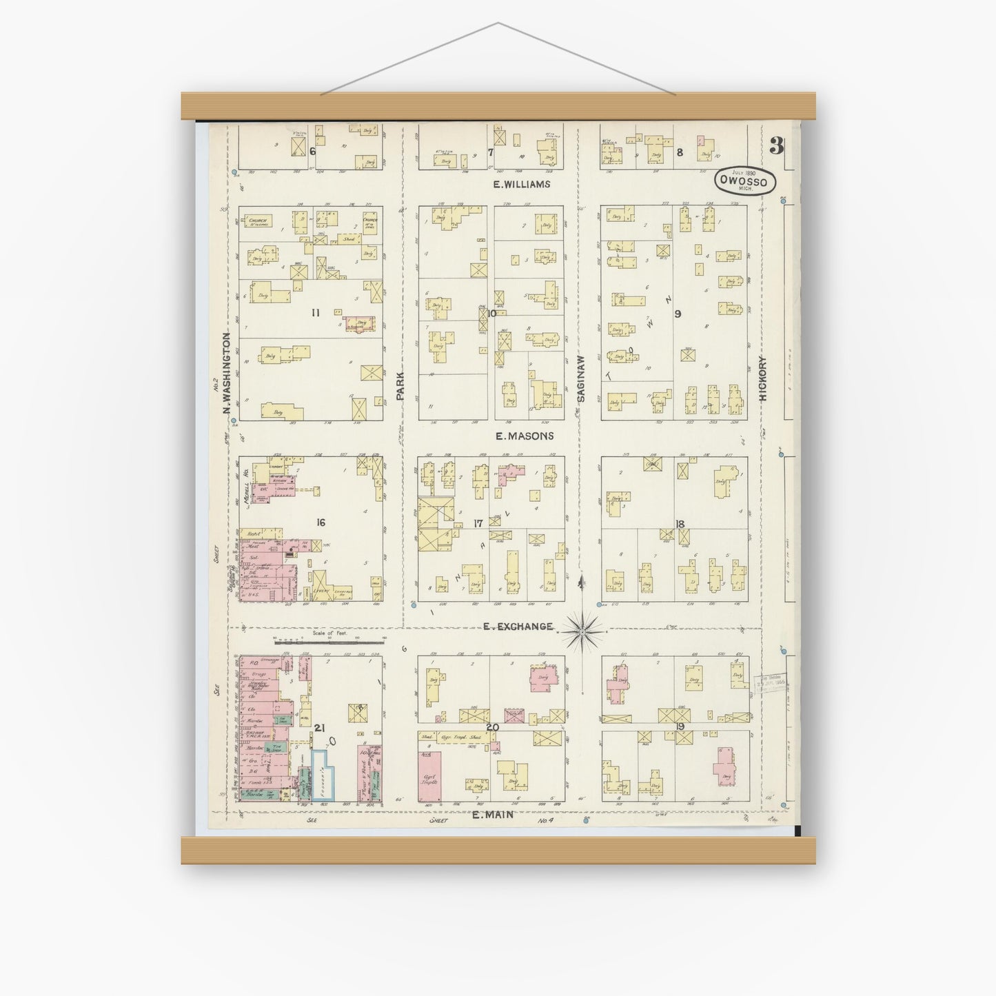 Old map wall art mockup — magnetic wood frame on white wall — Sanborn Fire Insurance Map from Owosso, Shiawassee County, Michigan (1890), Sheet #0003