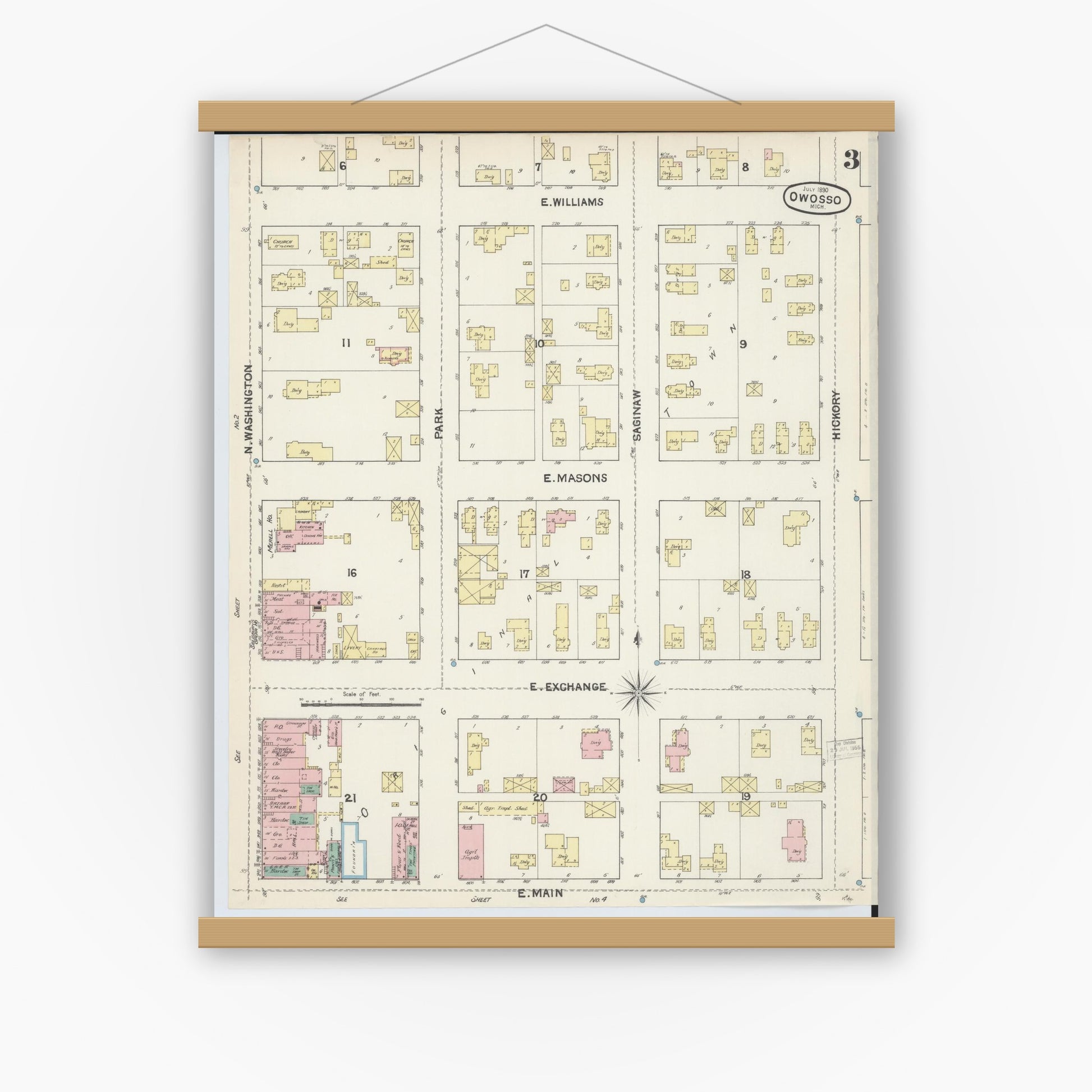 Old map wall art mockup — magnetic wood frame on white wall — Sanborn Fire Insurance Map from Owosso, Shiawassee County, Michigan (1890), Sheet #0003