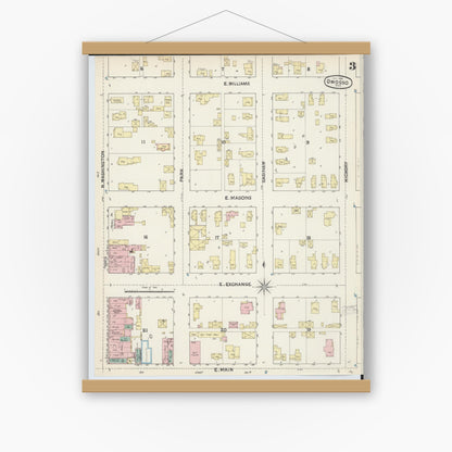 Old map wall art mockup — magnetic wood frame on white wall — Sanborn Fire Insurance Map from Owosso, Shiawassee County, Michigan (1890), Sheet #0003