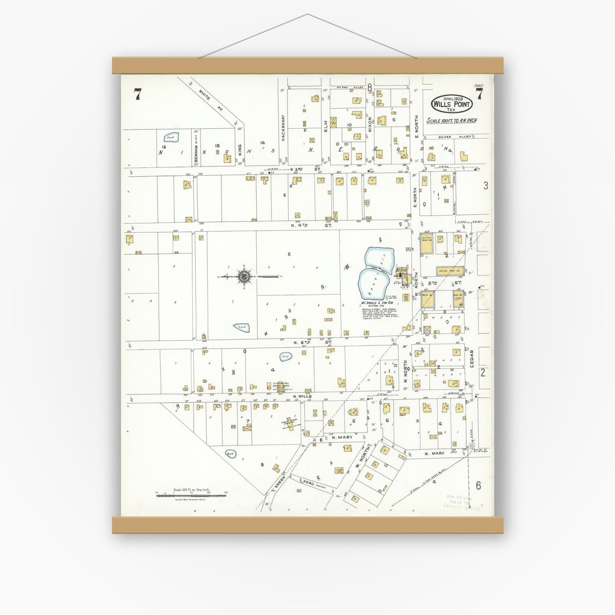 Old map wall art mockup — magnetic wood frame on white wall — Sanborn Fire Insurance Map from Wills Point, Van Zandt County, Texas (1923), Sheet #0007