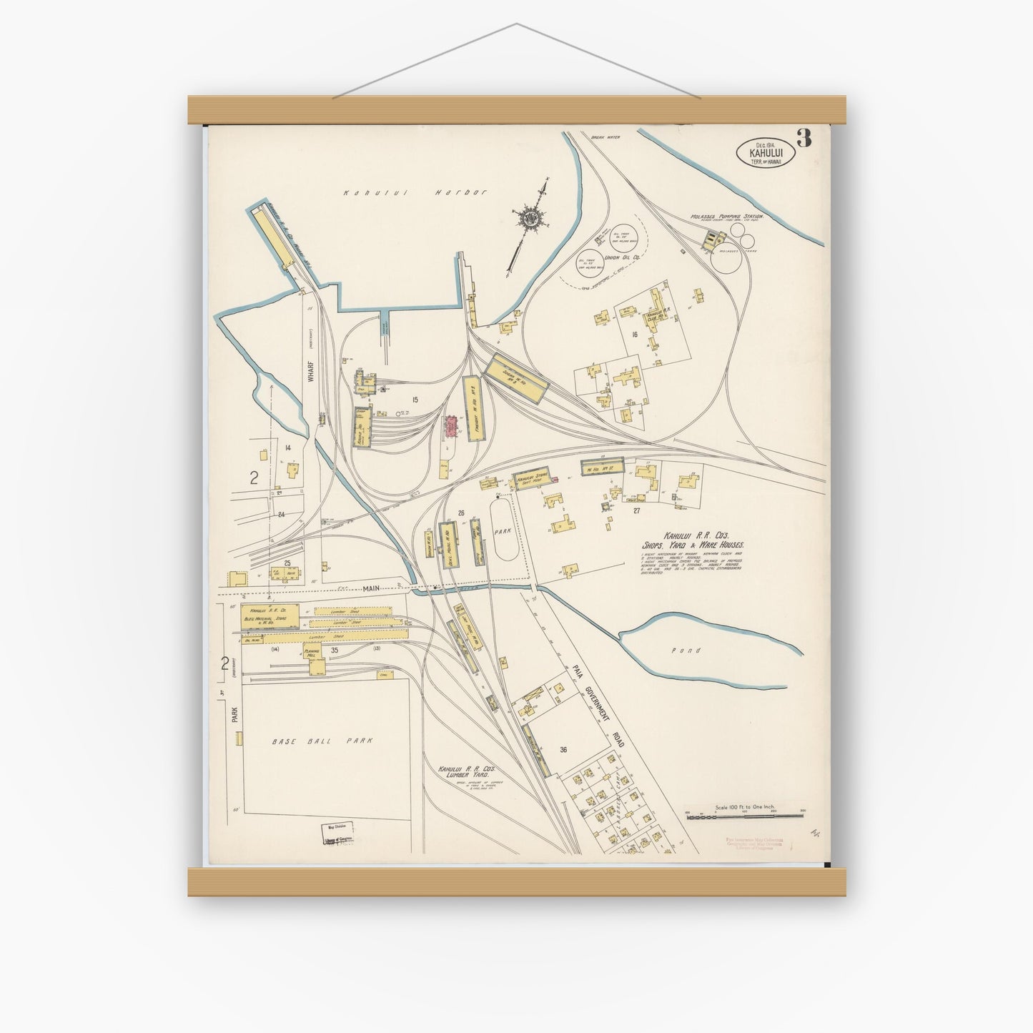 Old map wall art mockup — magnetic wood frame on white wall — Sanborn Fire Insurance Map from Kahului, Maui County, Hawaii (1914), Sheet #0003