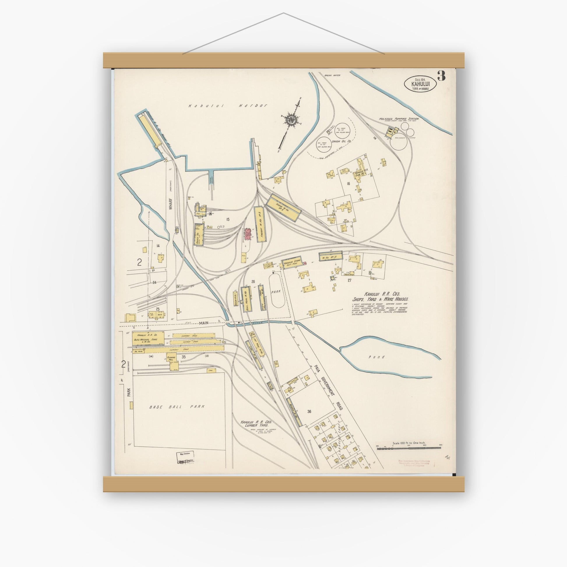 Old map wall art mockup — magnetic wood frame on white wall — Sanborn Fire Insurance Map from Kahului, Maui County, Hawaii (1914), Sheet #0003