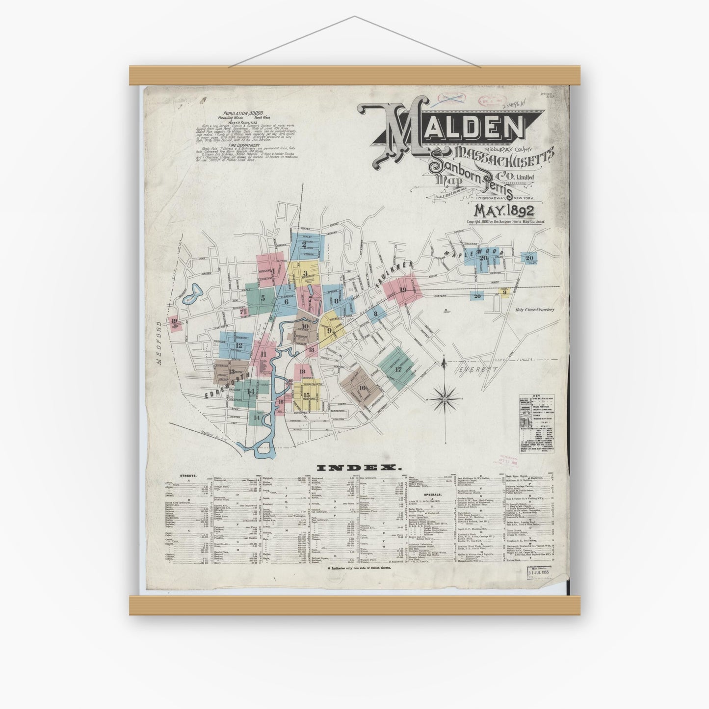 Old map wall art mockup — magnetic wood frame on white wall — Sanborn Fire Insurance Map from Malden, Middlesex County, Massachusetts (1892) - Complete Map Set