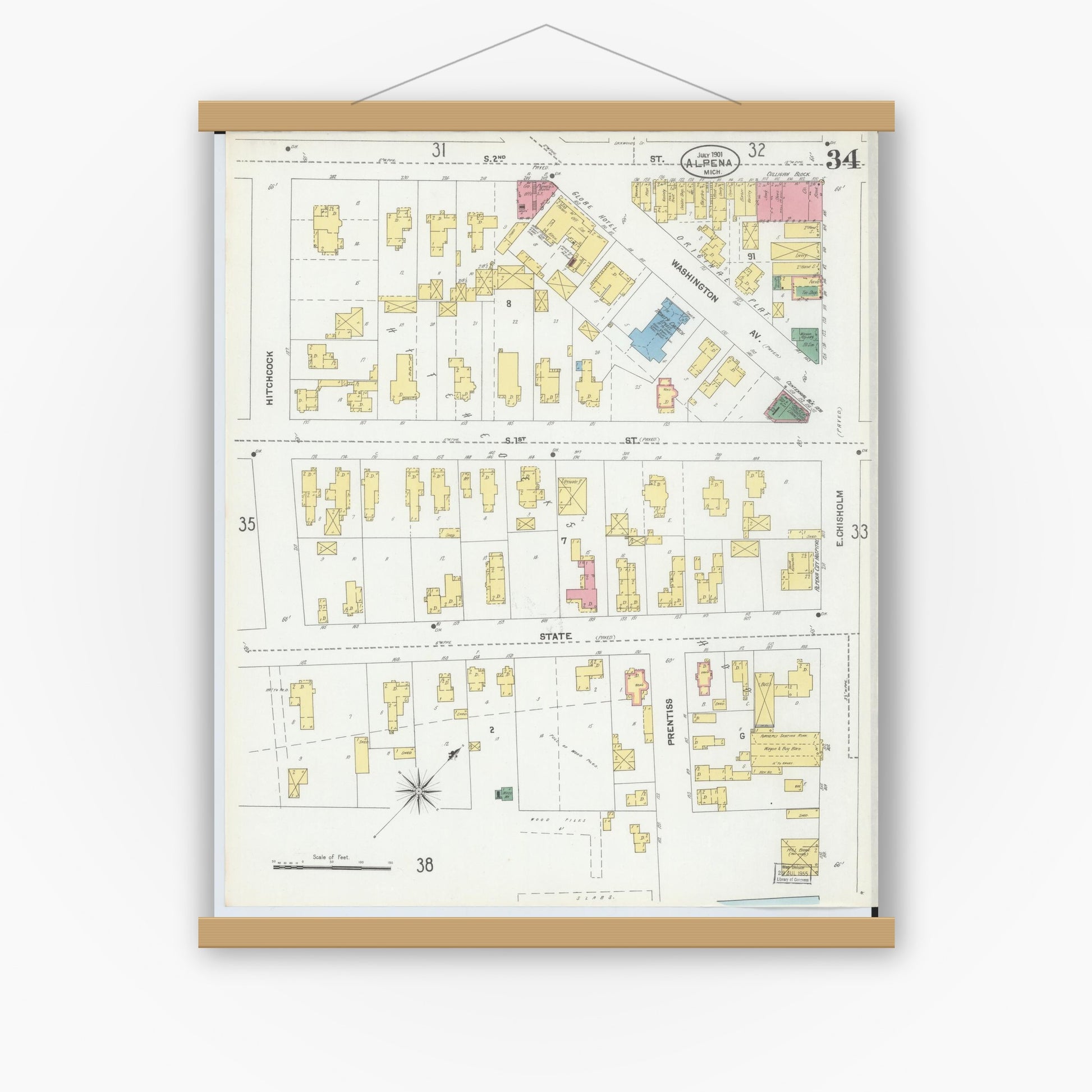 Old map wall art mockup — magnetic wood frame on white wall — Sanborn Fire Insurance Map from Alpena, Alpena County, Michigan (1901), Sheet #0034