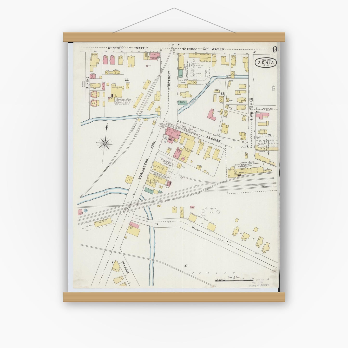 Old map wall art mockup — magnetic wood frame on white wall — Sanborn Fire Insurance Map from Xenia, Greene County, Ohio (1895), Sheet #0009
