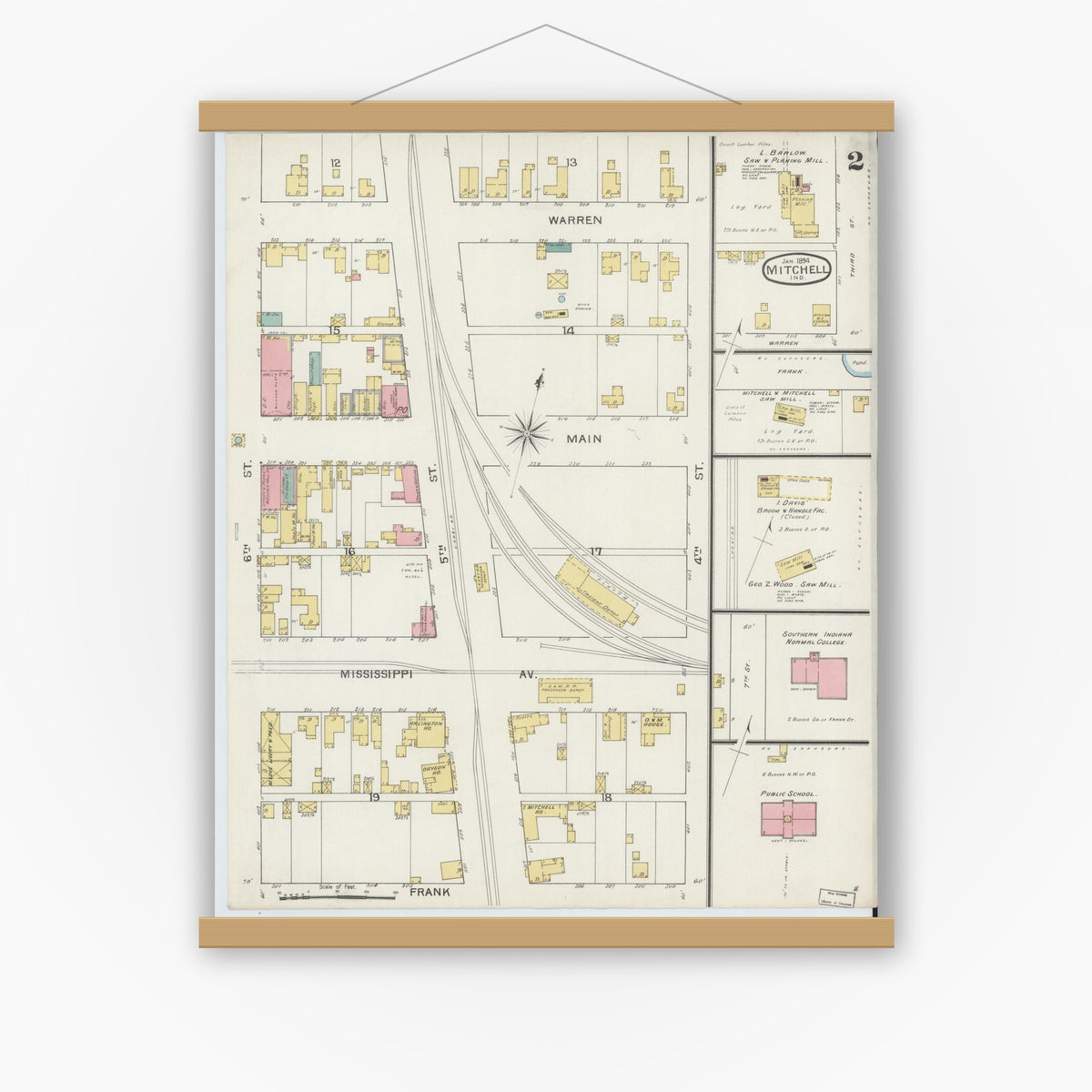 Old map wall art mockup — magnetic wood frame on white wall — Sanborn Fire Insurance Map from Mitchell, Lawrence County, Indiana (1894), Sheet #0002