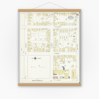 Old map wall art mockup — magnetic wood frame on white wall — Sanborn Fire Insurance Map from Raleigh, Wake County, North Carolina (1909), Sheet #0011