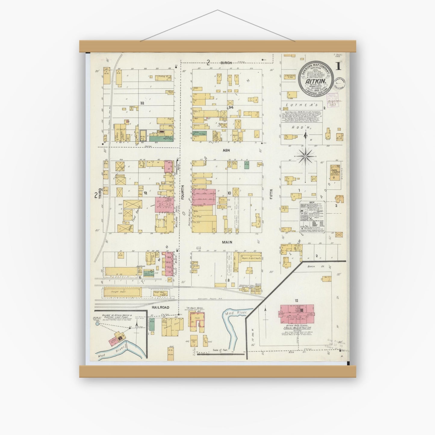 Old map wall art mockup — magnetic wood frame on white wall — Sanborn Fire Insurance Map from Aitkin, Aitkin County, Minnesota (1902), Sheet #0001