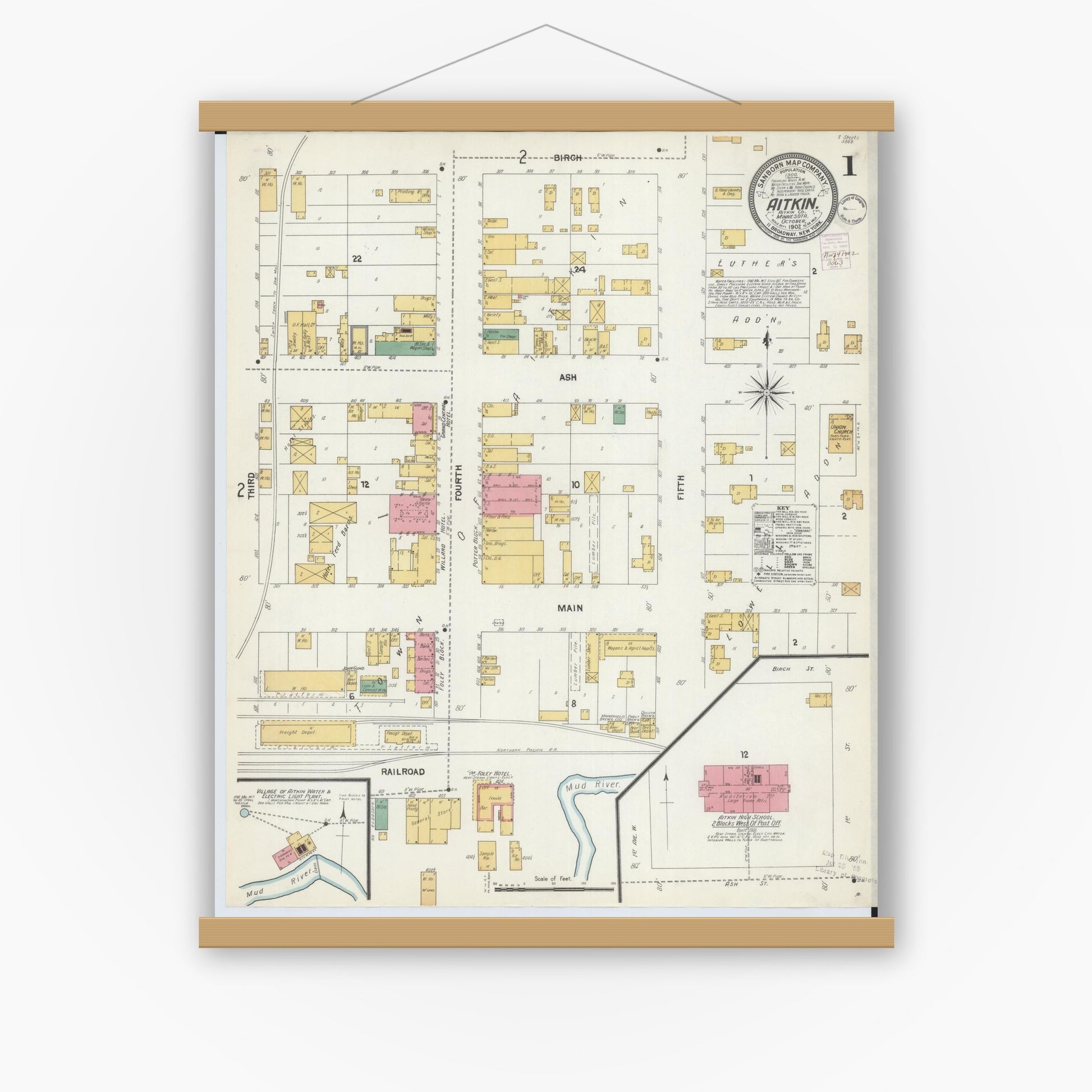 Old map wall art mockup — magnetic wood frame on white wall — Sanborn Fire Insurance Map from Aitkin, Aitkin County, Minnesota (1902), Sheet #0001