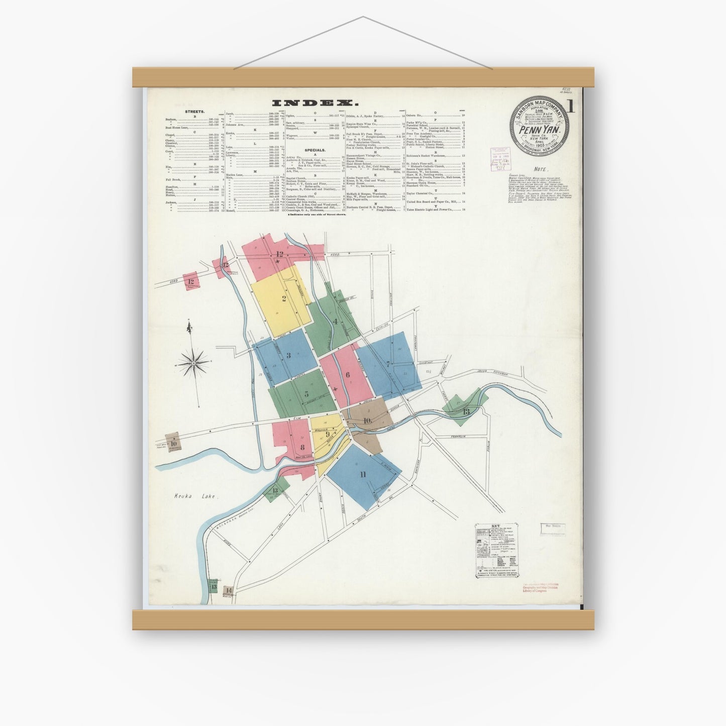 Old map wall art mockup — magnetic wood frame on white wall — Sanborn Fire Insurance Map from Penn Yan, Yates County, New York (1903) - Complete Map Set