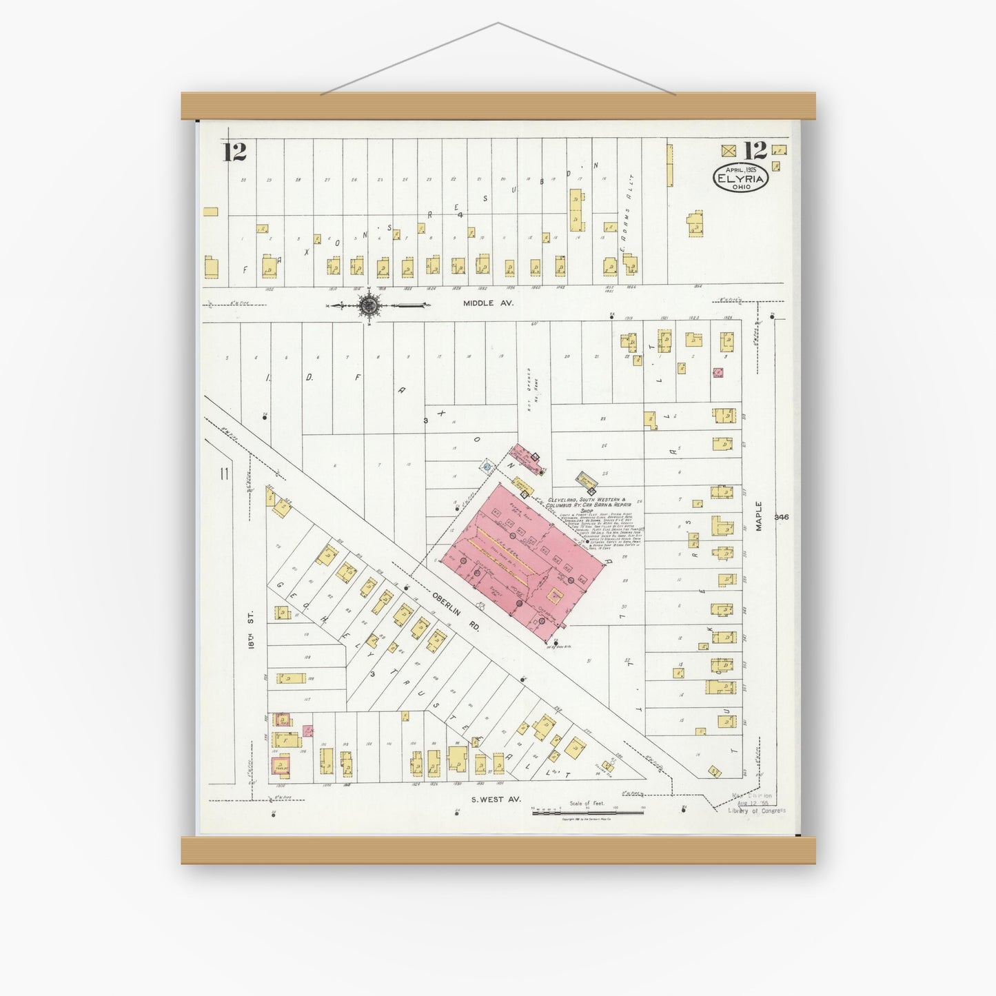 Old map wall art mockup — magnetic wood frame on white wall — Sanborn Fire Insurance Map from Elyria, Lorain County, Ohio (1925), Sheet #0012