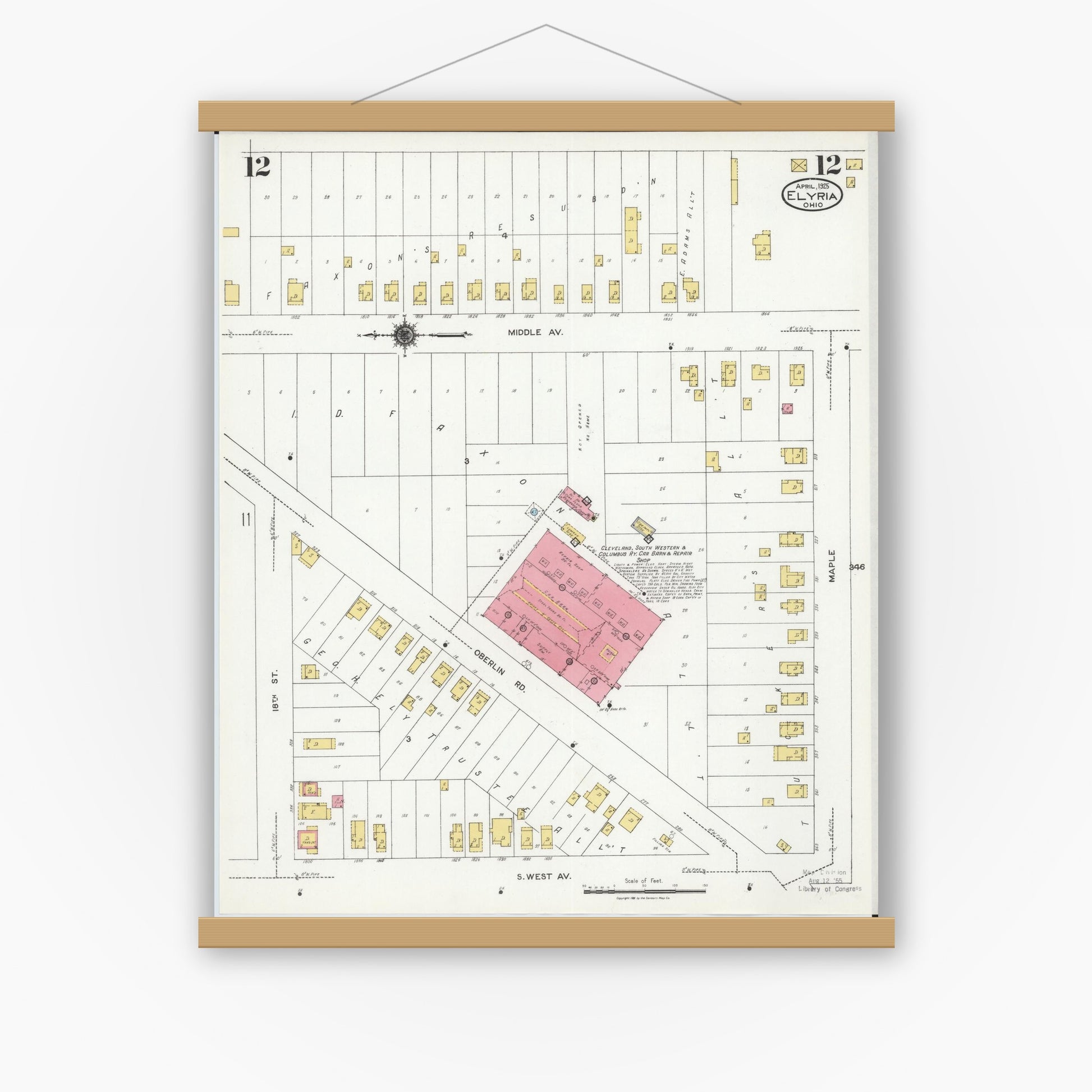 Old map wall art mockup — magnetic wood frame on white wall — Sanborn Fire Insurance Map from Elyria, Lorain County, Ohio (1925), Sheet #0012