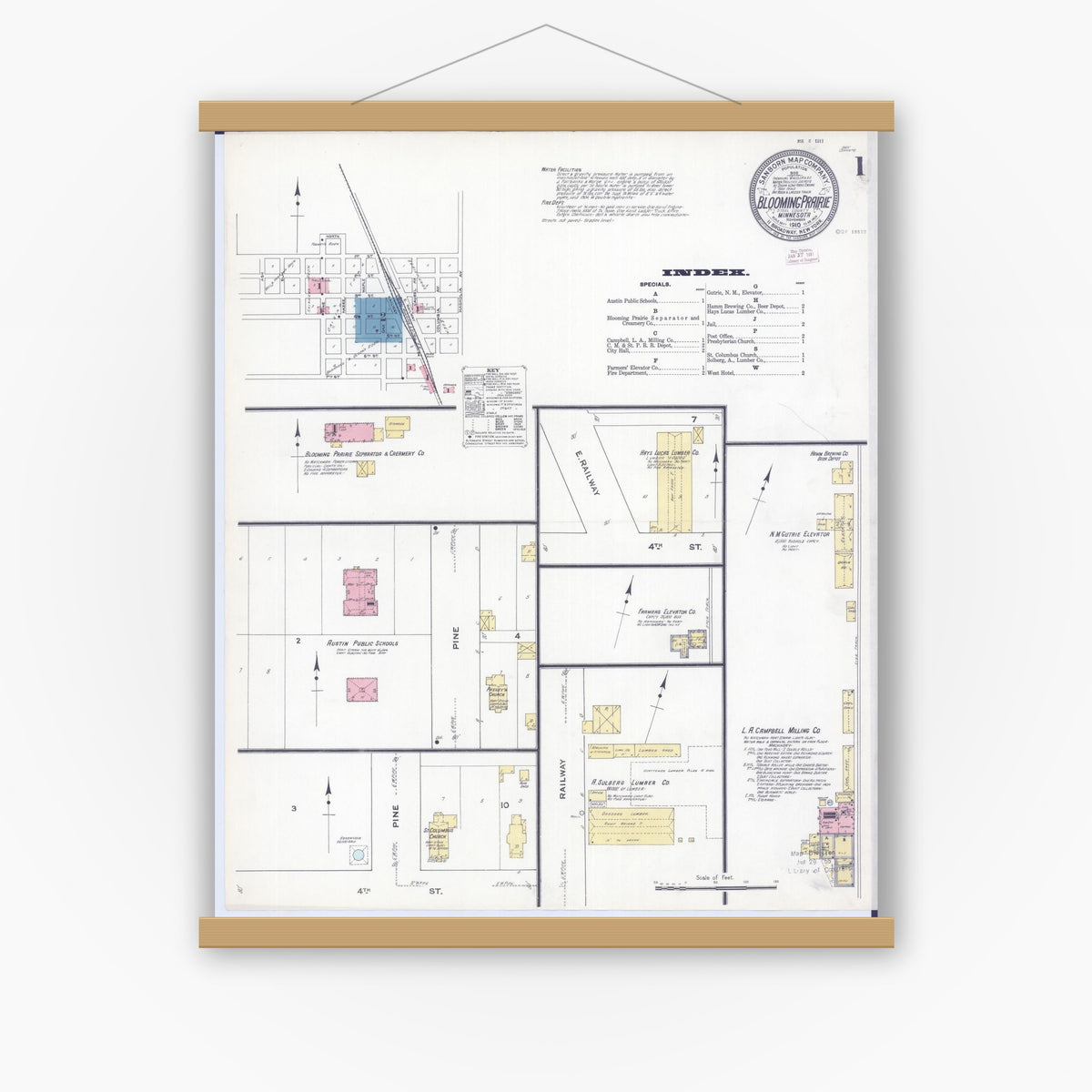 Old map wall art mockup — magnetic wood frame on white wall — Sanborn Fire Insurance Map from Blooming Prairie, Steele County, Minnesota (1910) - Complete Map Set