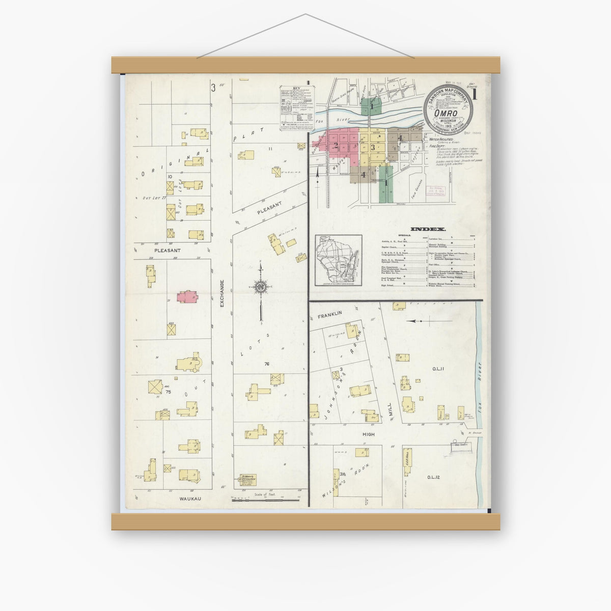 Old map wall art mockup — magnetic wood frame on white wall — Sanborn Fire Insurance Map from Omro, Winnebago County, Wisconsin (1913) - Complete Map Set