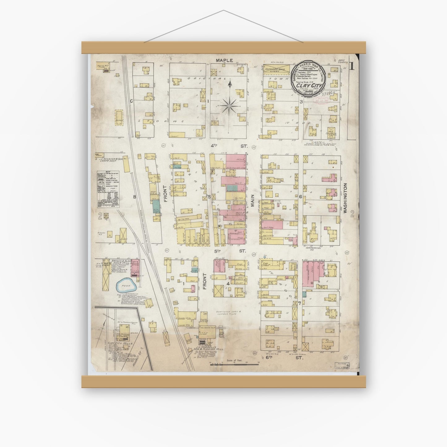 Old map wall art mockup — magnetic wood frame on white wall — Sanborn Fire Insurance Map from Clay City, Clay County, Indiana (1892) - Complete Map Set
