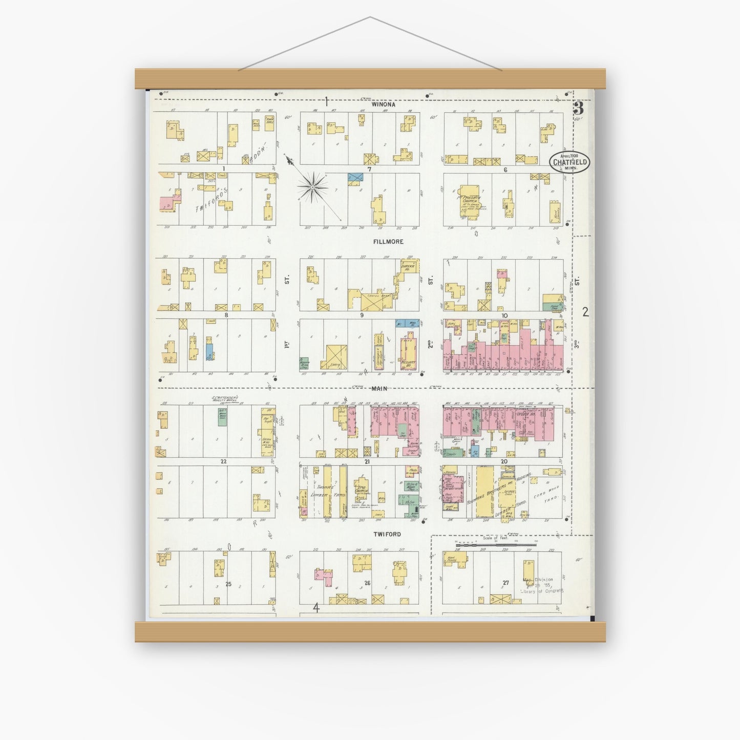 Old map wall art mockup — magnetic wood frame on white wall — Sanborn Fire Insurance Map from Chatfield, Fillmore And Olmsted Counties, Minnesota (1900), Sheet #0003