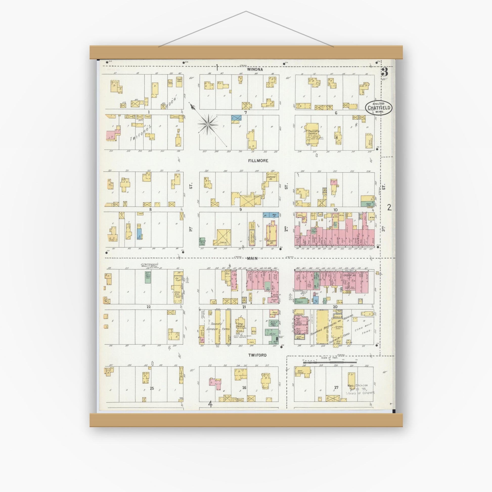 Old map wall art mockup — magnetic wood frame on white wall — Sanborn Fire Insurance Map from Chatfield, Fillmore And Olmsted Counties, Minnesota (1900), Sheet #0003