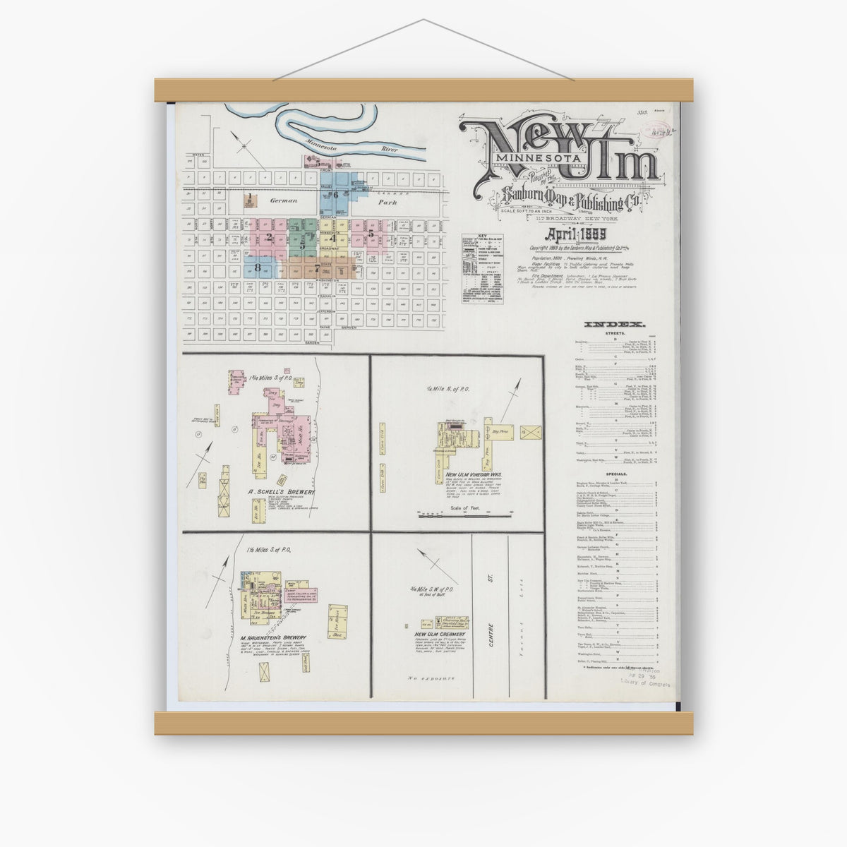 Old map wall art mockup — magnetic wood frame on white wall — Sanborn Fire Insurance Map from New Ulm, Brown County, Minnesota (1889), Sheet #0001