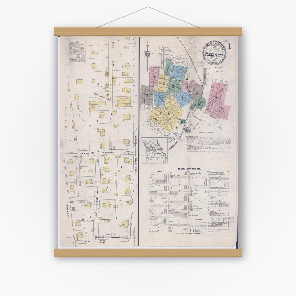 Old map wall art mockup — magnetic wood frame on white wall — Sanborn Fire Insurance Map from Bonne Terre, Saint Francois County, Missouri (1915) - Complete Map Set