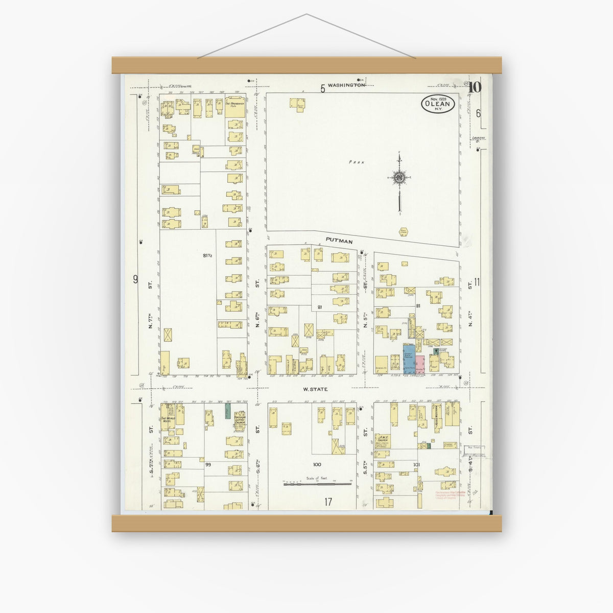 Old map wall art mockup — magnetic wood frame on white wall — Sanborn Fire Insurance Map from Olean, Cattaraugus County, New York (1909), Sheet #0010