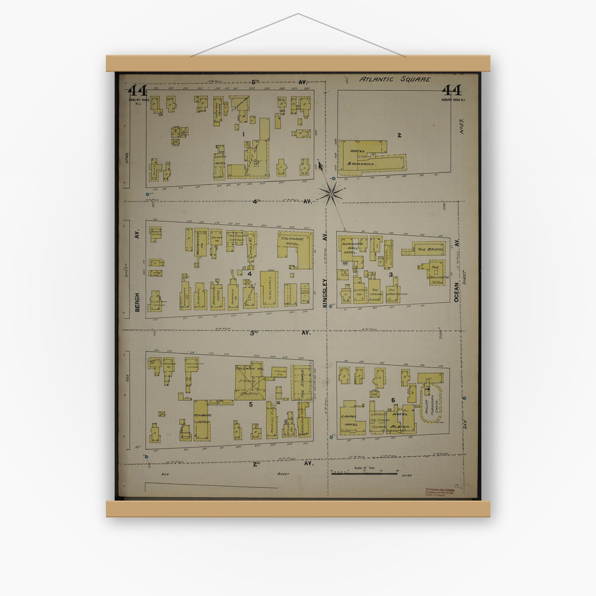 Old map wall art mockup — magnetic wood frame on white wall — Sanborn Fire Insurance Map from New Jersey Coast, New Jersey Coast, New Jersey (1890), Sheet #0044